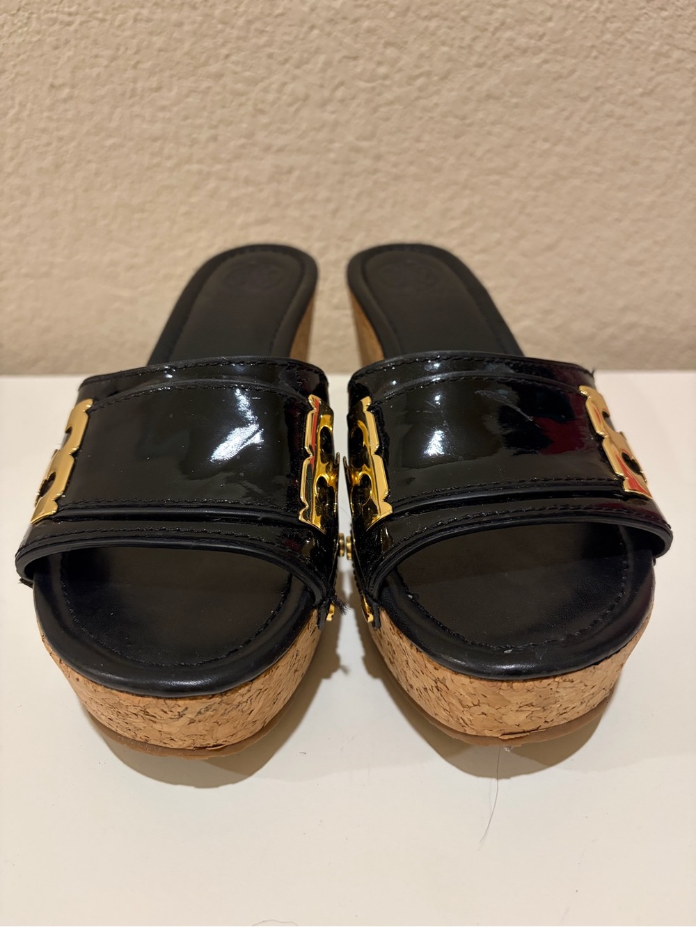 Tory Burch Black Patent Cork Platform Slides with Gold Logo